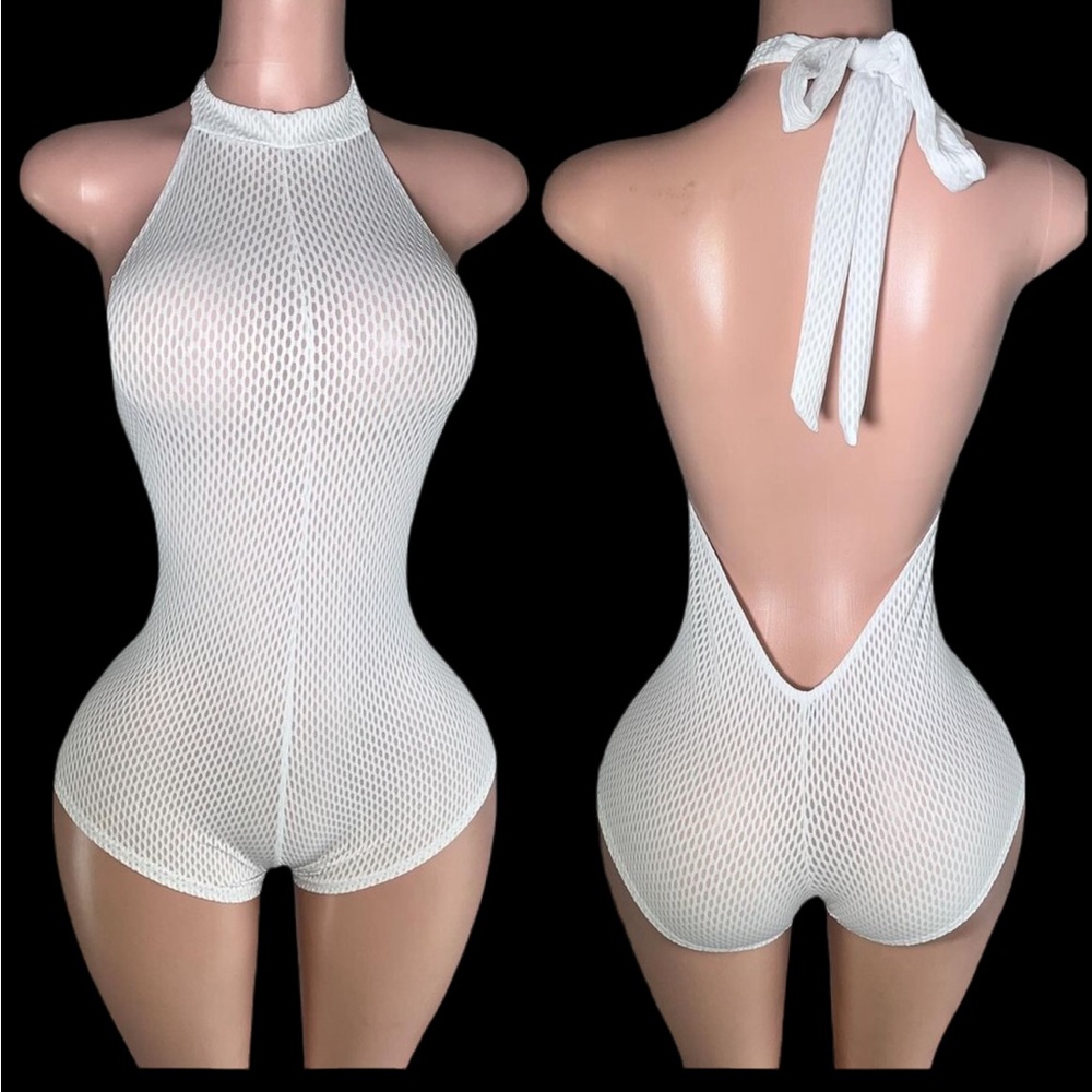 White Mesh Halter Bodysuit